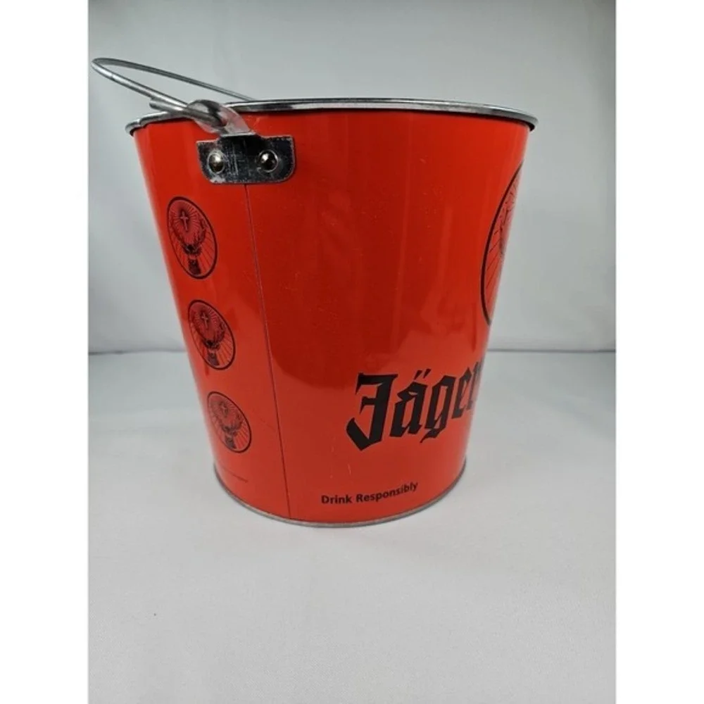 Vintage Collectible Jagermeister Ice Bucket Orange Metal Handle Barware Man Cave